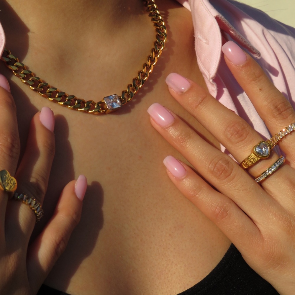 NEW 18K GOLD PLATED THICK CUBAN CHAIN WITH SQUARE CRYSTAL NECKLACE